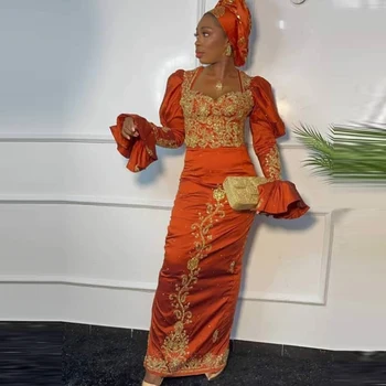 Вечерни рокли Русалка в африканския стил за жени Със златни кружевными апликации, мъниста, пайети, Aso Ebi, рокля за абитуриентски бал с дълги ръкави, женствена рокля за рожден Ден