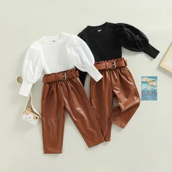Citgeett/ на есента комплект от тениска и панталон за малки момичета, блузи с дълги ръкави в рубчик, панталони от изкуствена кожа, дрехи с колан