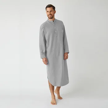 Мюсюлманска модерен мъжки дрехи M-3XL, свободни обикновена престилка с дълъг ръкав и кръгло деколте, копчета, Джубба Тобес с джоб