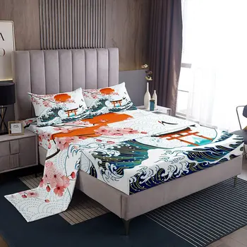 Спално бельо в японски стил, на брега на Океана Укие с пай, Червено Слънце, Розова вишнев цвят, Луксозен Комплект спално бельо от висококачествен микрофибър