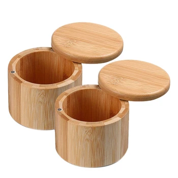Бамбук кутия за съхранение на сол и подправки от 2 теми с магнитна въртяща се капачка, кръгла бамбук кутия за пипер, бамбук солонка