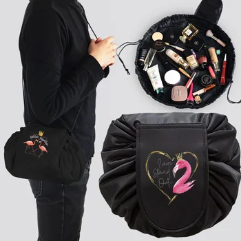 Пътна косметичка на съвсем малък, преносима чанта за съхранение на Грим, на женската чанта-органайзер с шарени фламинго голям Капацитет, Клатч за съхранение
