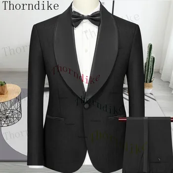 Thorndike Мъжка мода за сватба с яка-шал, черни костюми в райе, сако, панталони, мъжки бизнес ежедневни сватбени блейзери, Палта, панталони