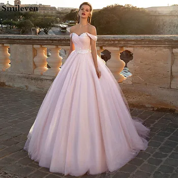 Сватбени рокли Принцеса Smileven, Лъскава Розова Рокля с открити Рамене в стил Бохо, Блестящи Бални Рокли на Булката, Вечерен Халат дантела отзад