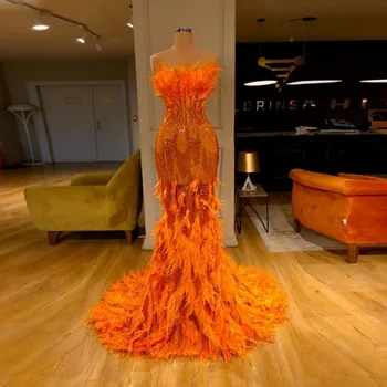 Рокли за бала на Русалка с оранжеви пера, секси, блестящи вечерни рокли без презрамки 2021, нов дизайн, вечерна рокля Robe De Soiree